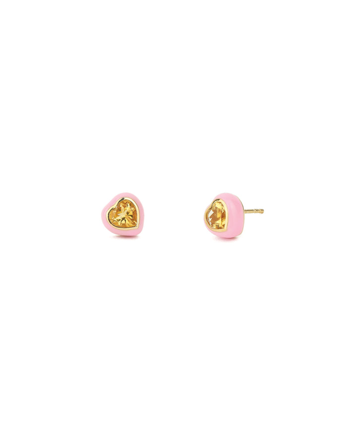 Heart Enamel Stone Studs 14k Yellow Gold, Pink Enamel