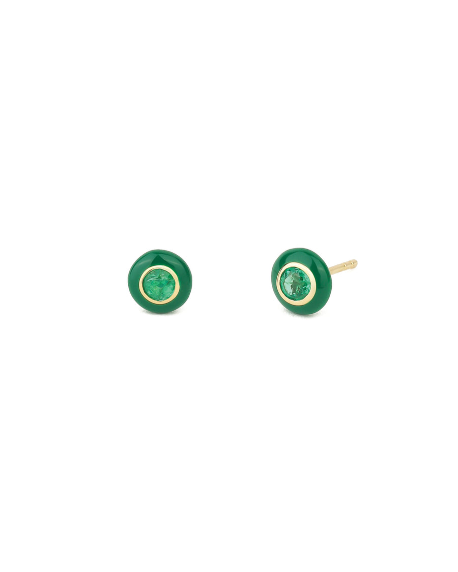 Enamel Round Stone Studs 14k Yellow Gold, Green Enamel