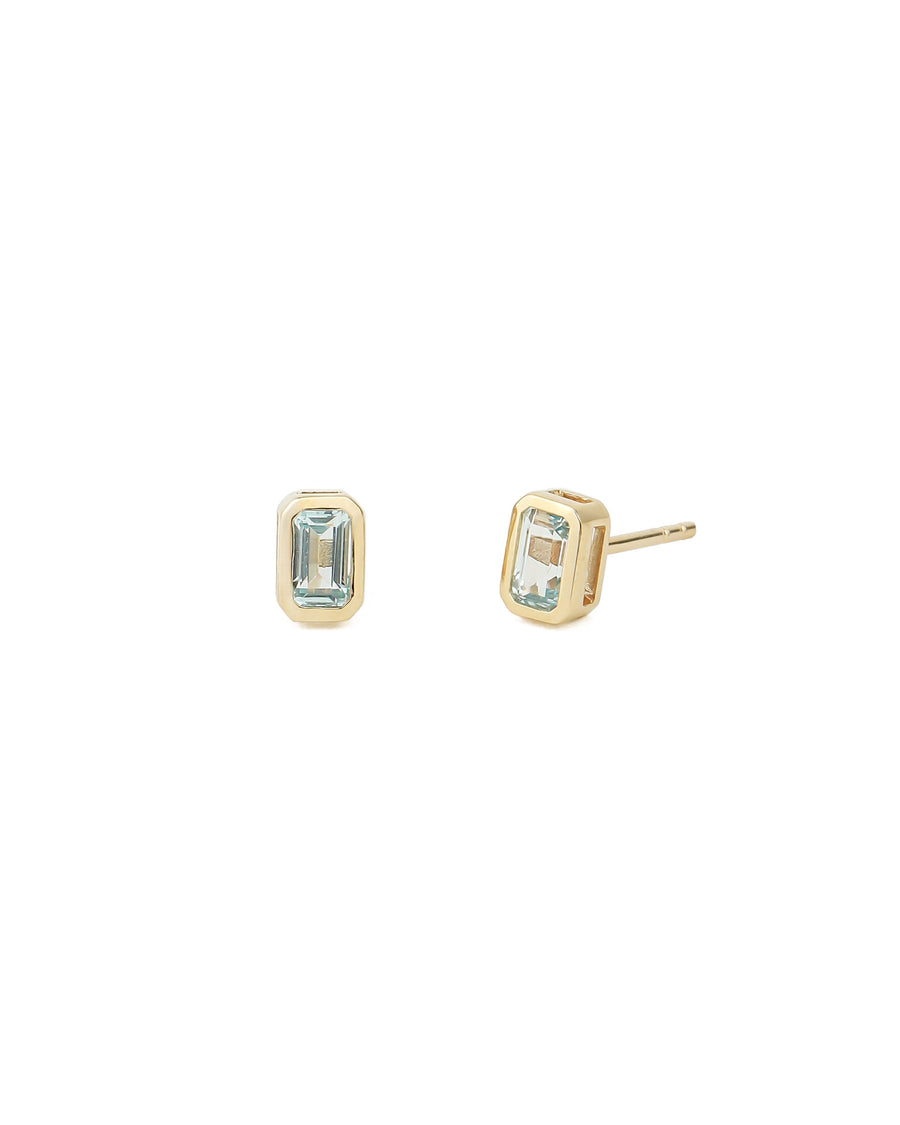 Bezeled Baguette Stone Studs 14k Yellow Gold, Blue Topaz