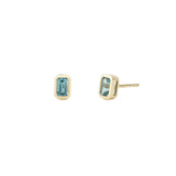 Bezeled Baguette Stone Studs 14k Yellow Gold, London Blue Topaz