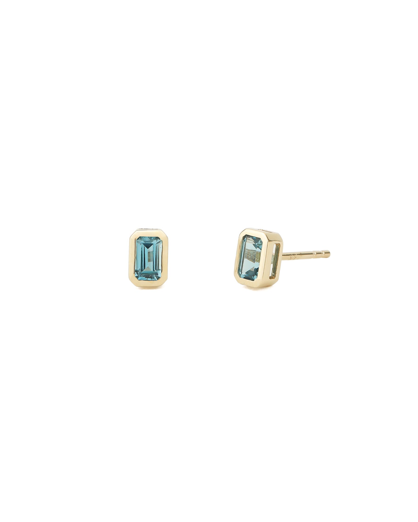 Bezeled Baguette Stone Studs 14k Yellow Gold, London Blue Topaz