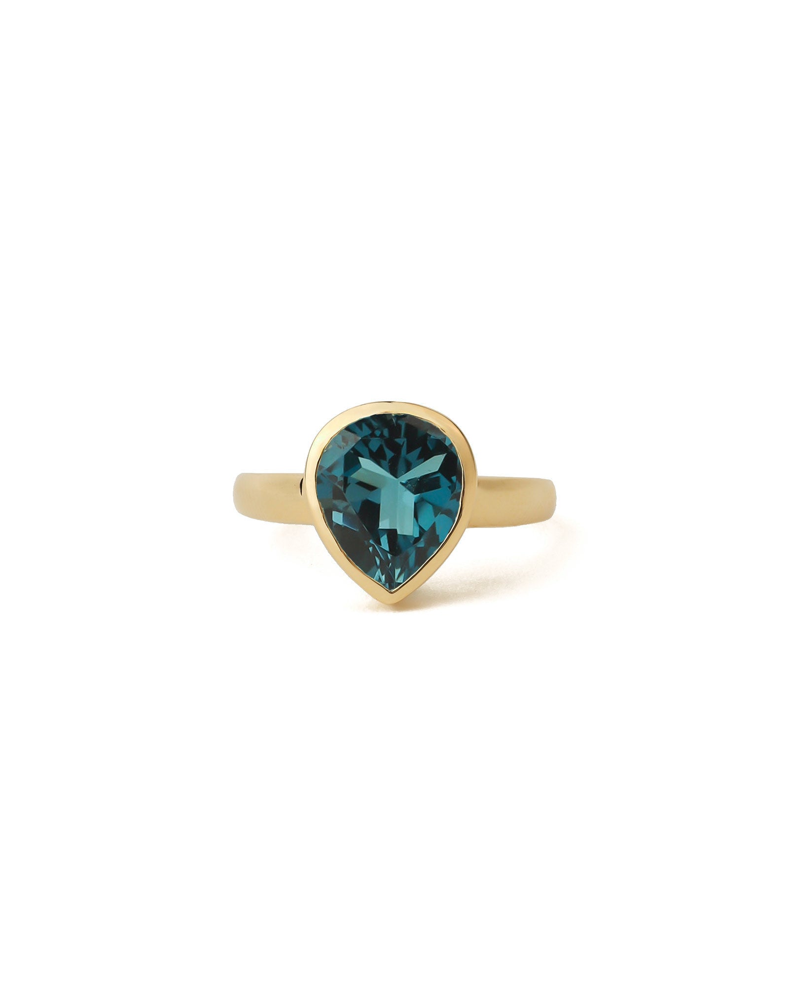 Teardrop Stone Ring 14k Yellow Gold, London Blue Topaz / 7