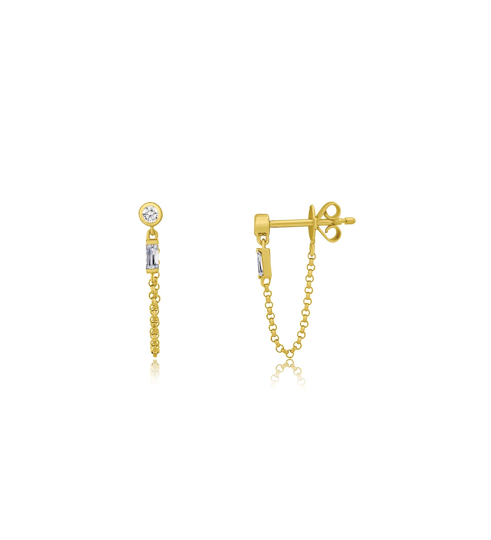 Baguette Diamond Chain Studs 14k Yellow Gold, Diamond