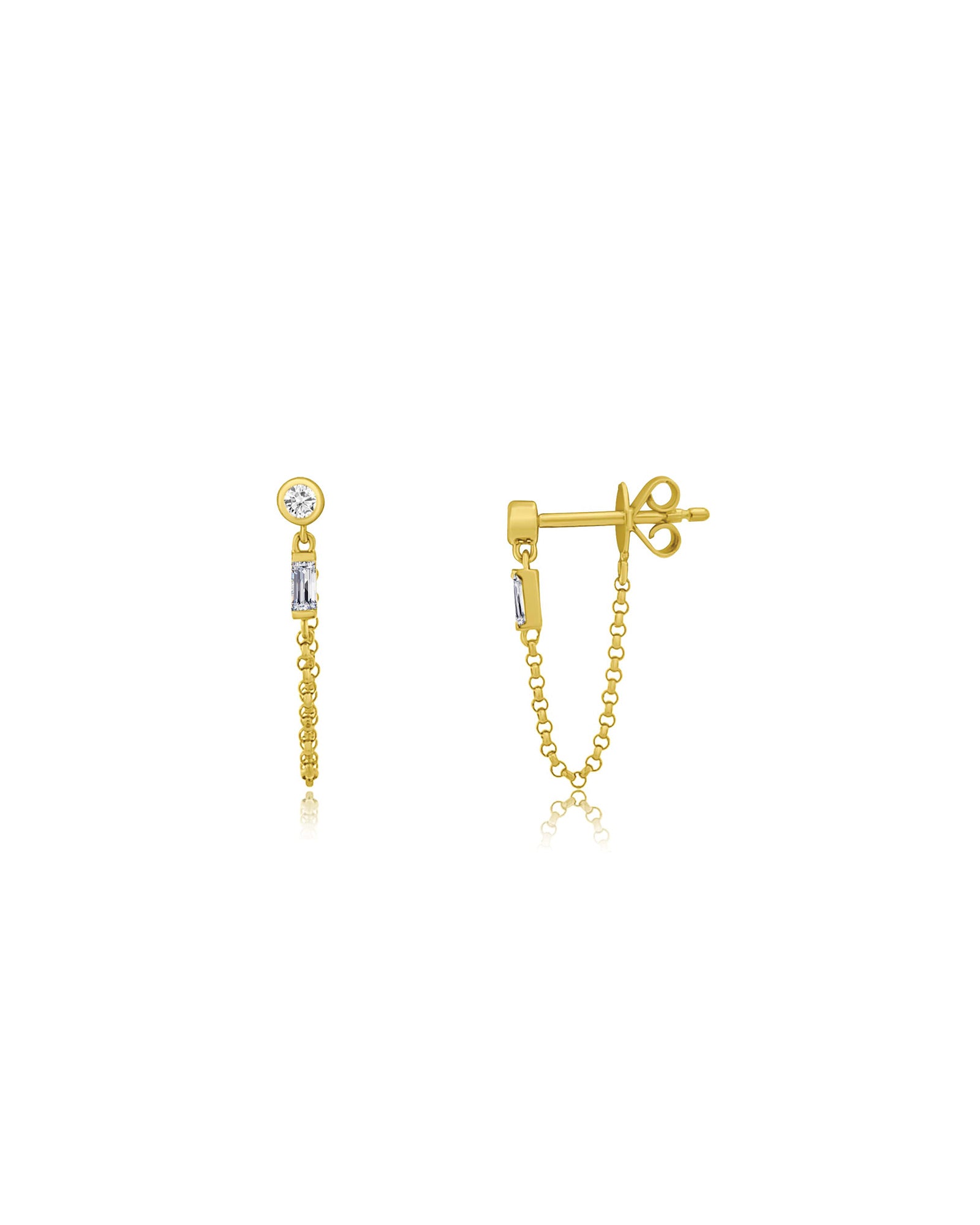 Baguette Diamond Chain Studs 14k Yellow Gold, Diamond