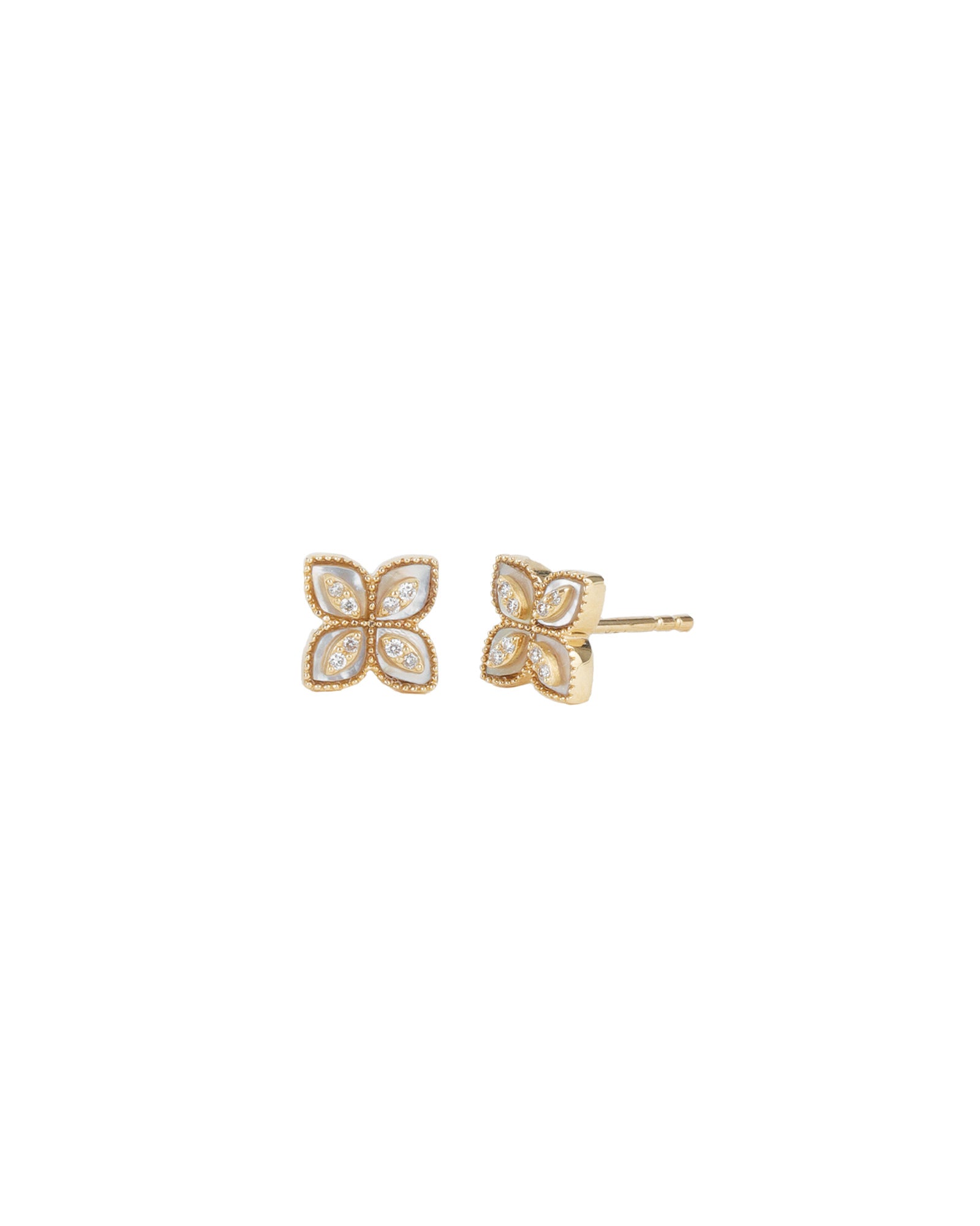 Mother of Pearl + Diamond Flower Studs 14k Yellow Gold, Diamond, Mother of Pearl