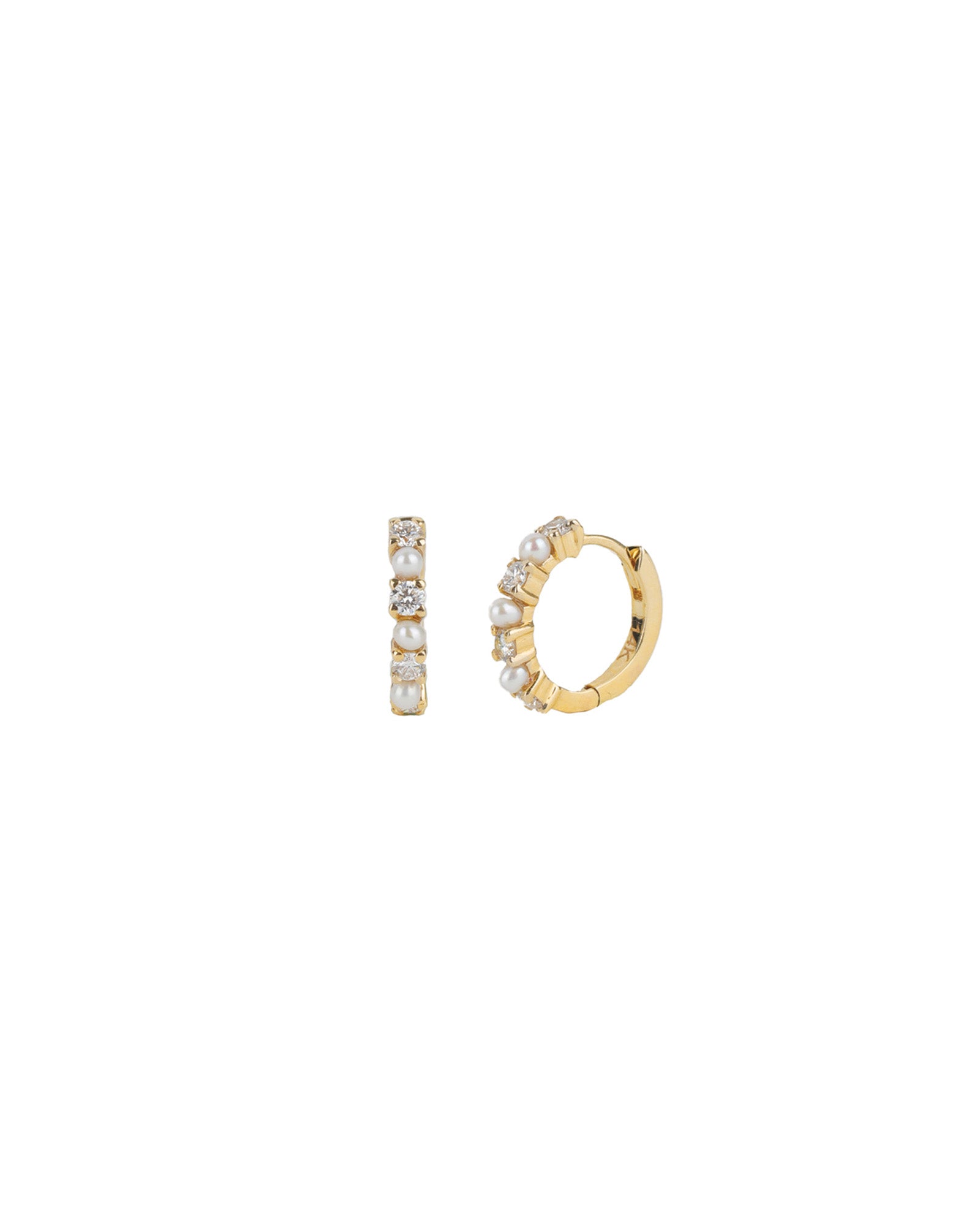 Pearl Diamond Huggies | 12mm 14k Yellow Gold, Diamond, White Pearl