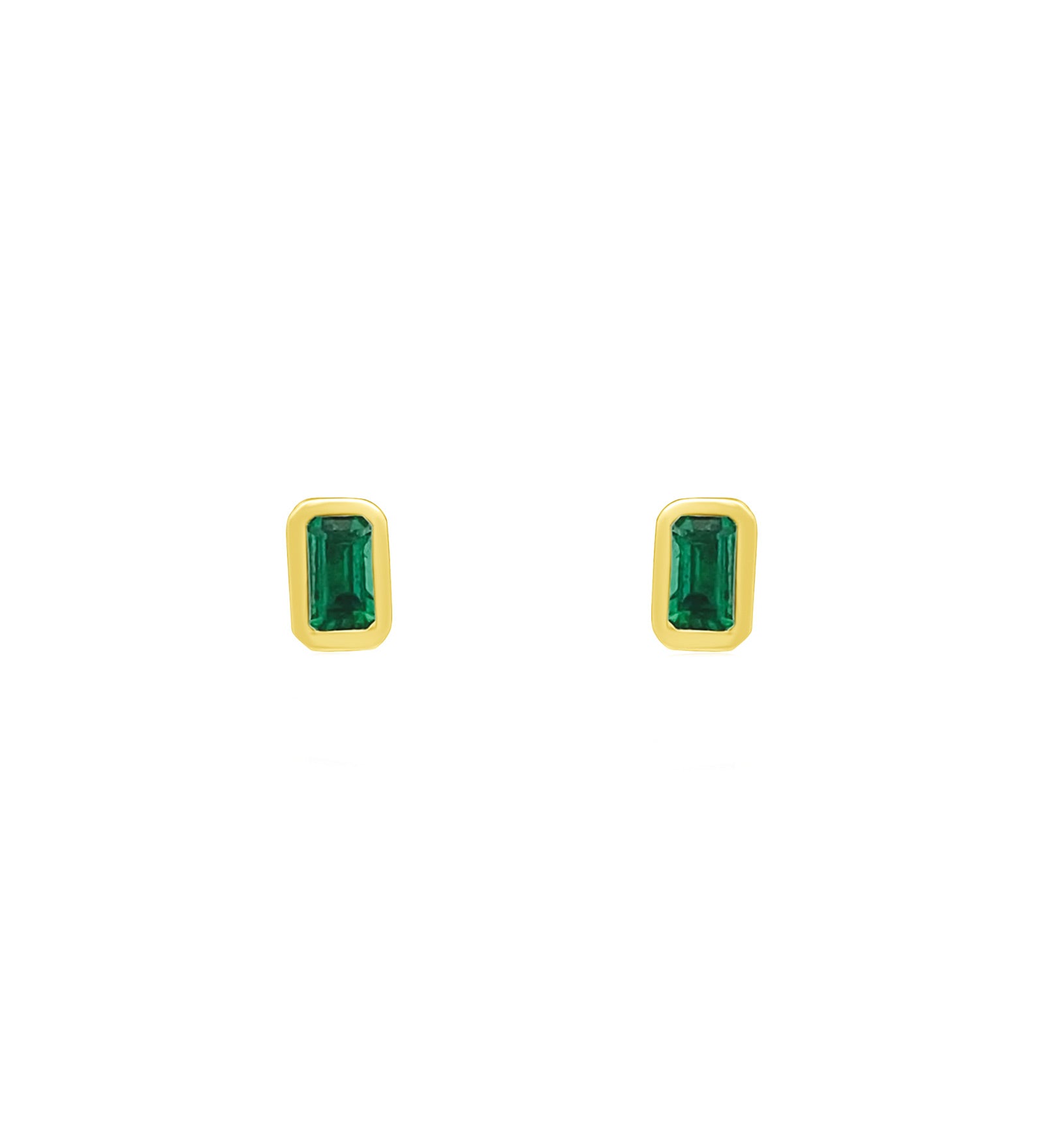 Bezeled Baguette Stone Studs 14k Yellow Gold, Emerald