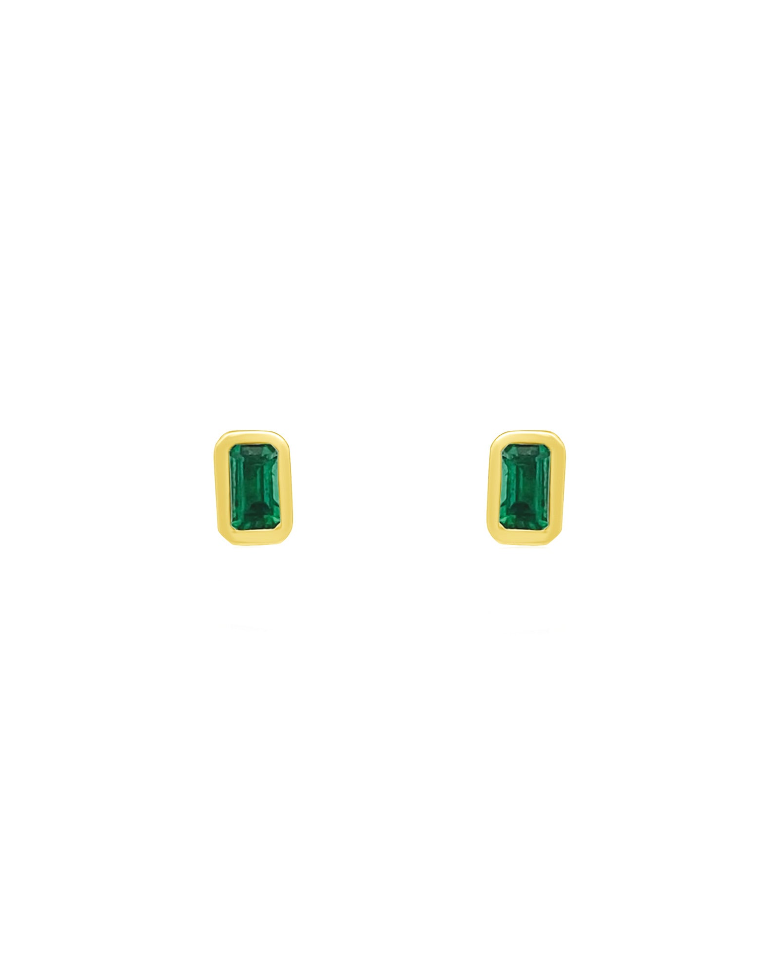 Bezeled Baguette Stone Studs 14k Yellow Gold, Emerald