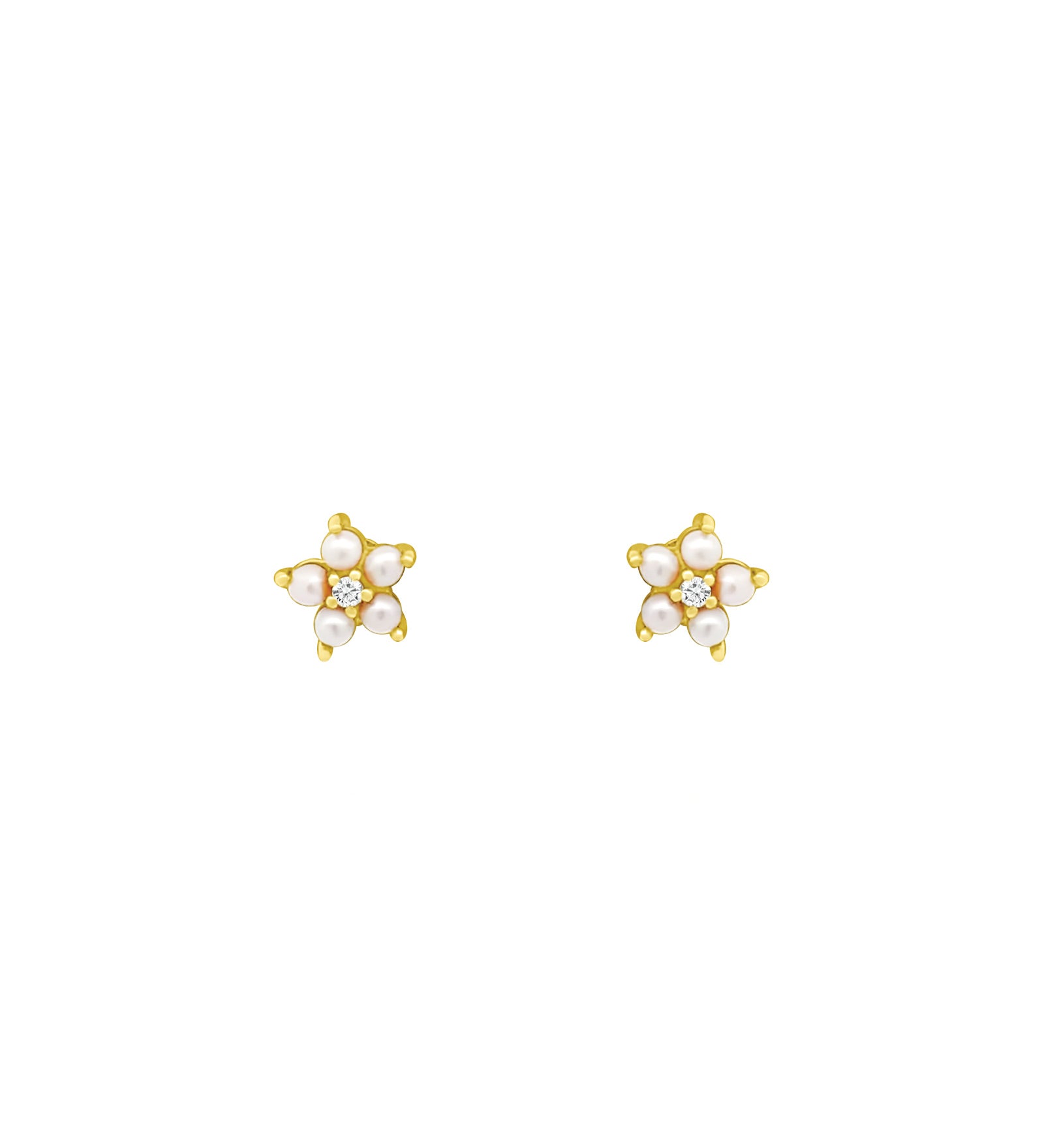 Pearl Diamond Flower Studs 14k Yellow Gold, Diamond, White Pearl