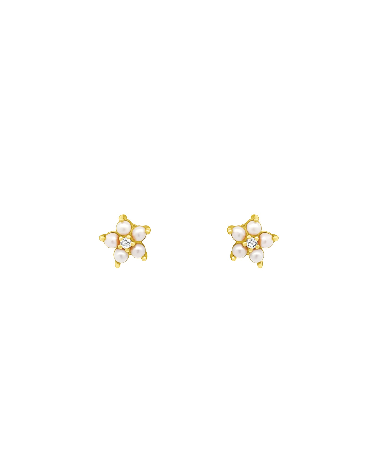 Pearl Diamond Flower Studs 14k Yellow Gold, Diamond, White Pearl