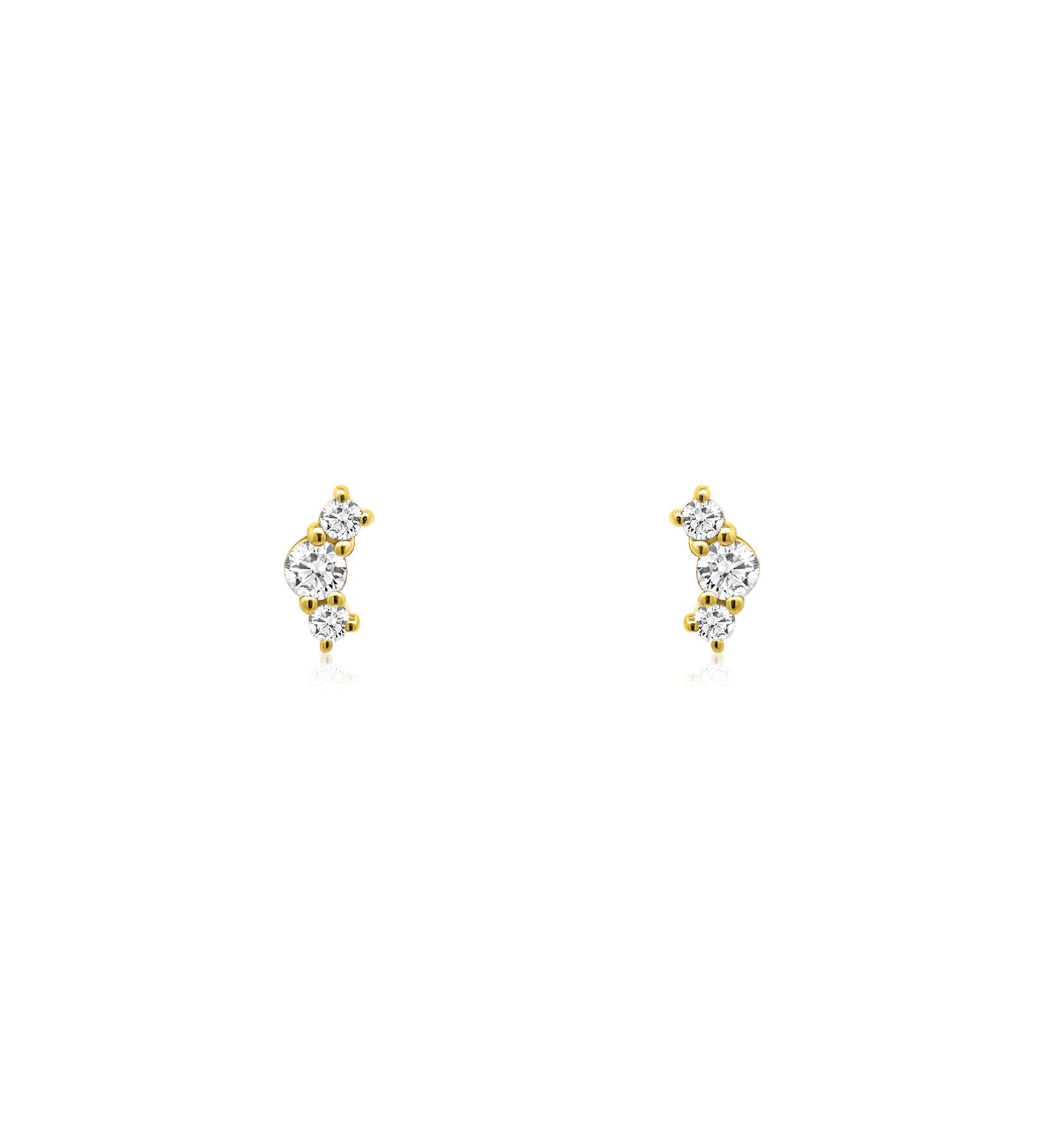 Three Diamond Curved Studs 14k Yellow Gold, Diamond