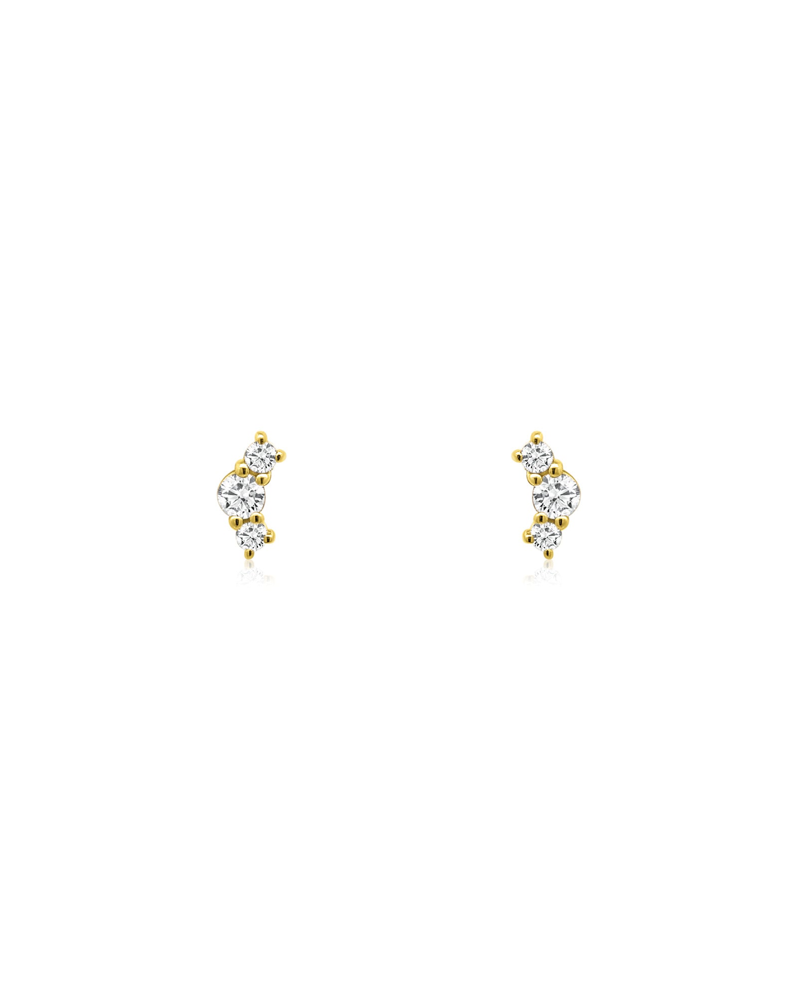 Three Diamond Curved Studs 14k Yellow Gold, Diamond