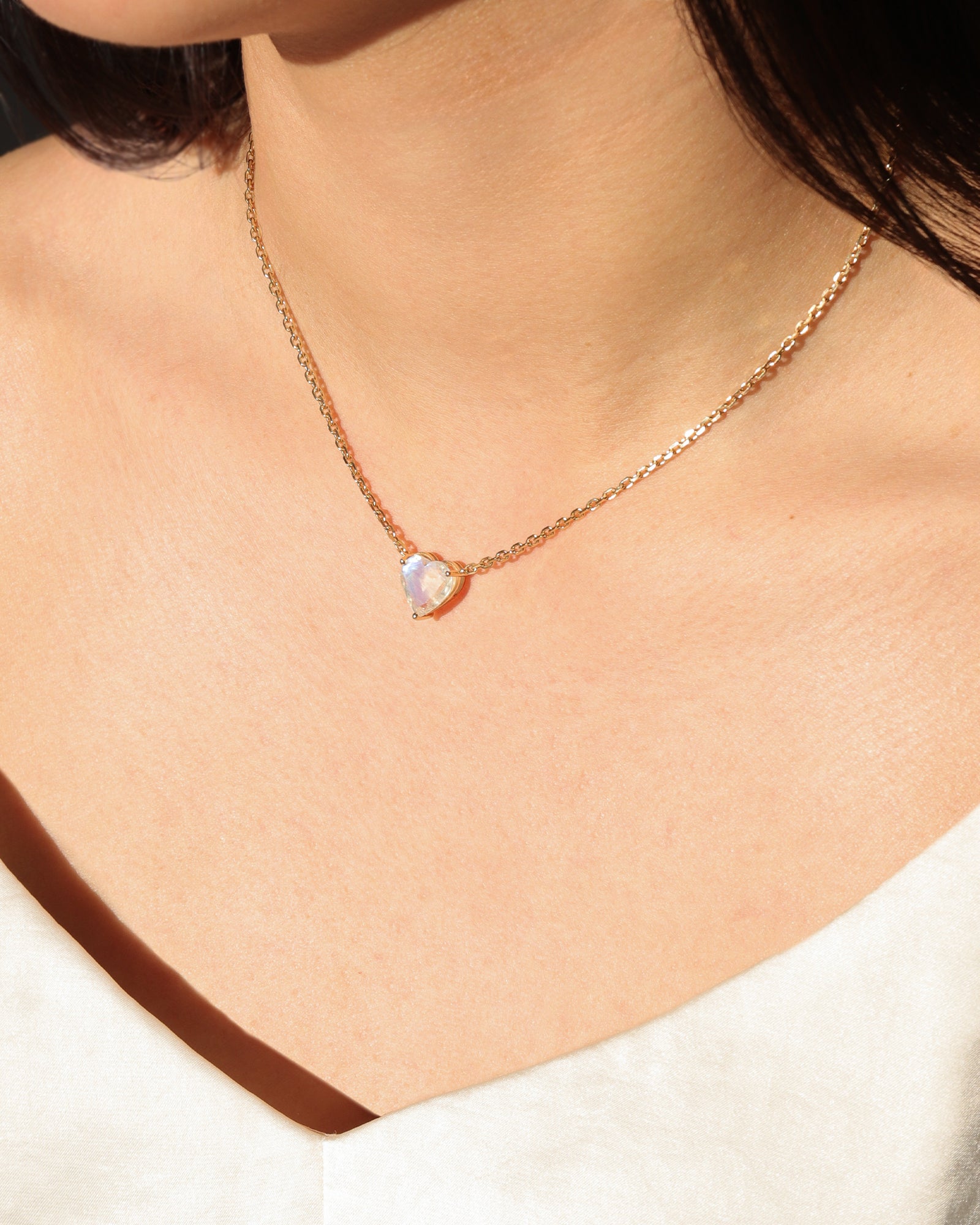 Heart Stone Necklace 14k Yellow Gold, Moonstone