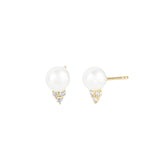 Goldhive-Triple Diamond Pearl Studs-Earrings-14k Yellow Gold, Diamond, White Pearl-Blue Ruby Jewellery-Vancouver Canada