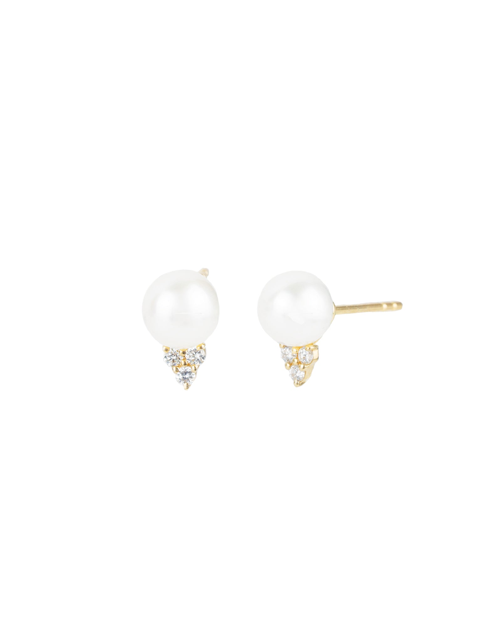 Goldhive-Triple Diamond Pearl Studs-Earrings-14k Yellow Gold, Diamond, White Pearl-Blue Ruby Jewellery-Vancouver Canada