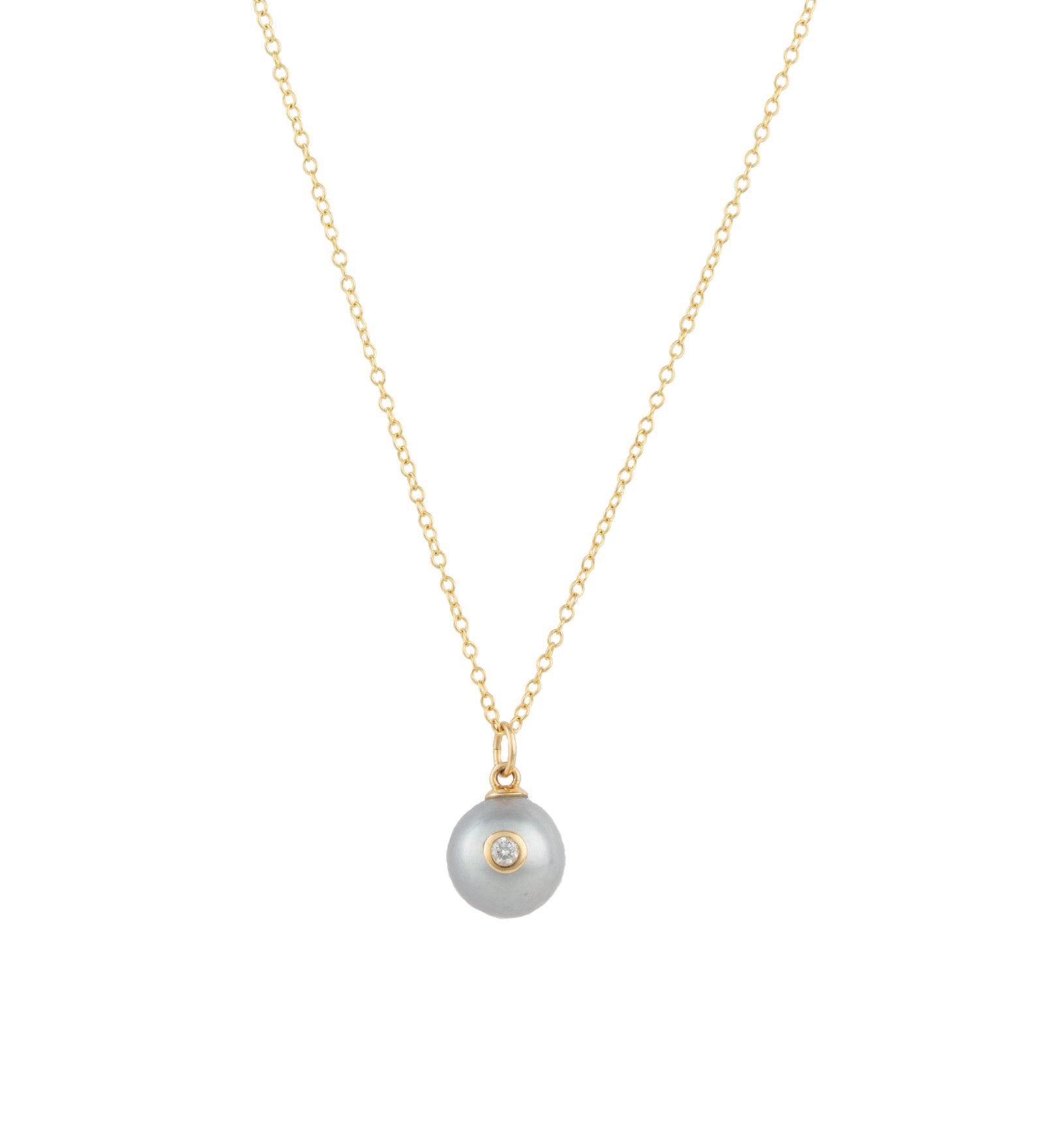 Bezel Diamond Pearl Necklace 14k Yellow Gold, Diamond, Grey Pearl