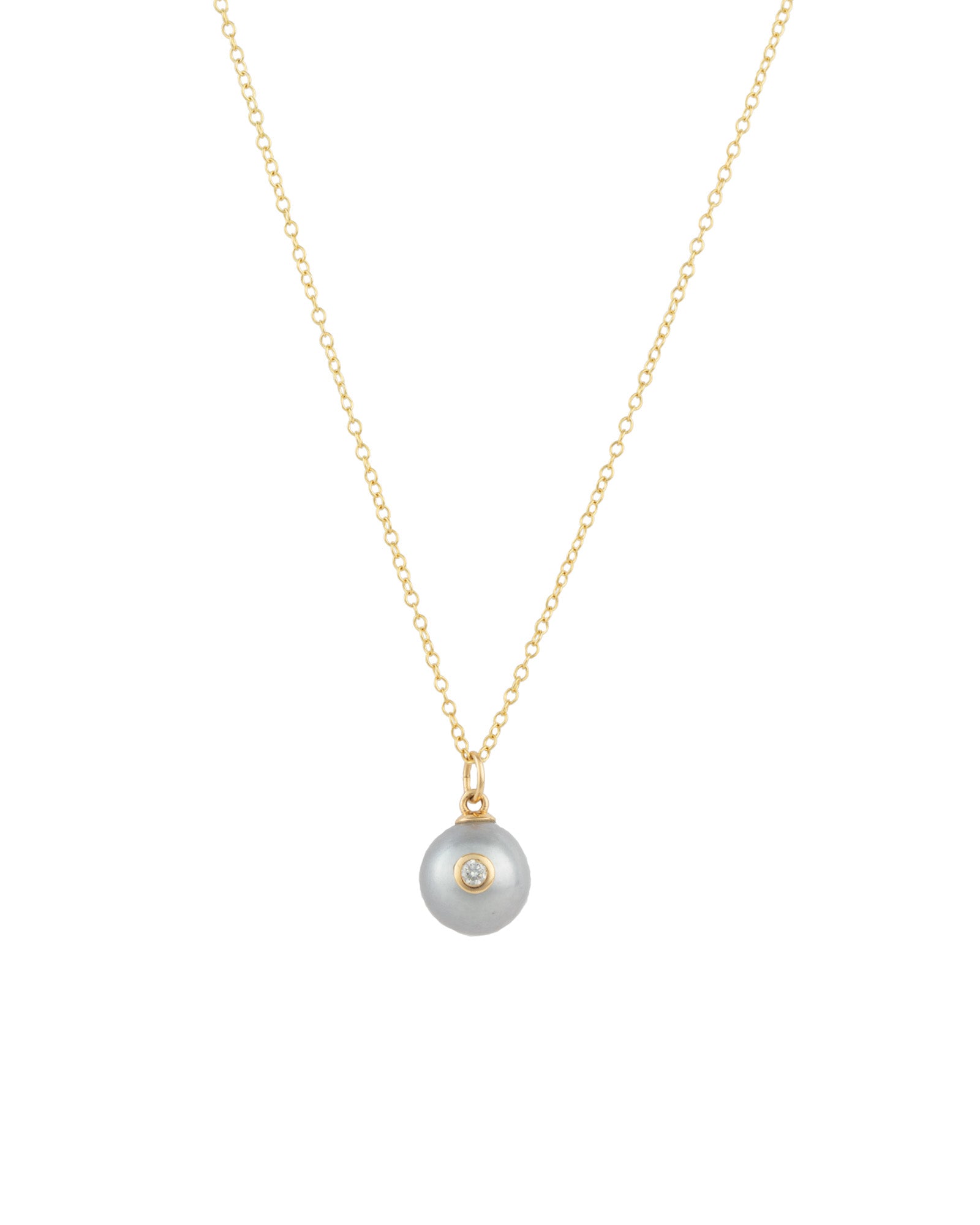 Bezel Diamond Pearl Necklace 14k Yellow Gold, Diamond, Grey Pearl