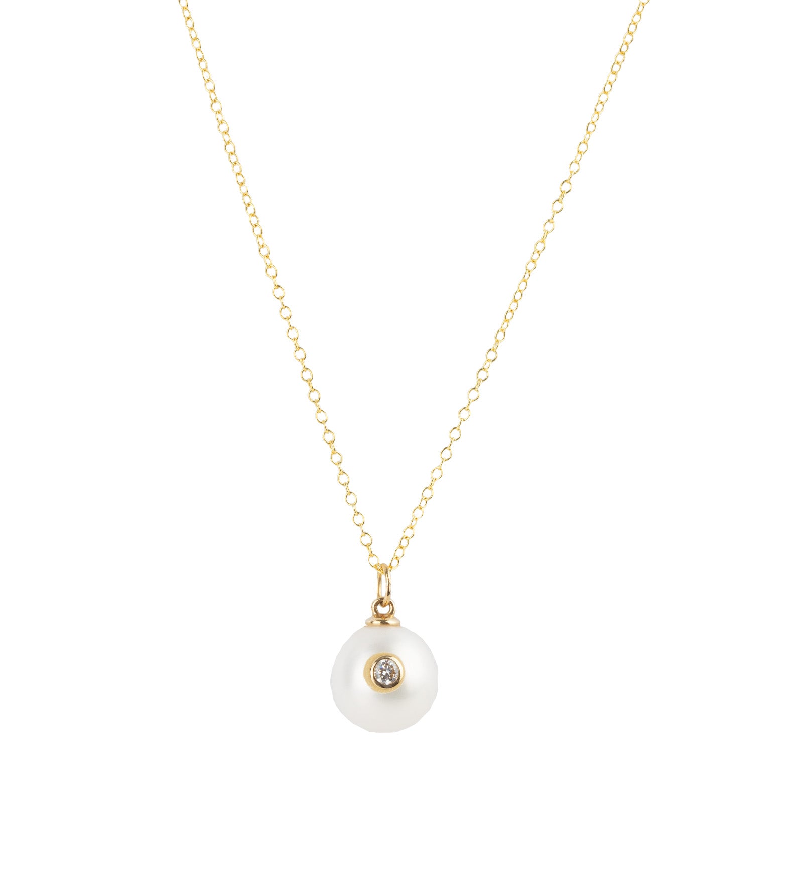 Bezel Diamond Pearl Necklace 14k Yellow Gold, Diamond, White Pearl