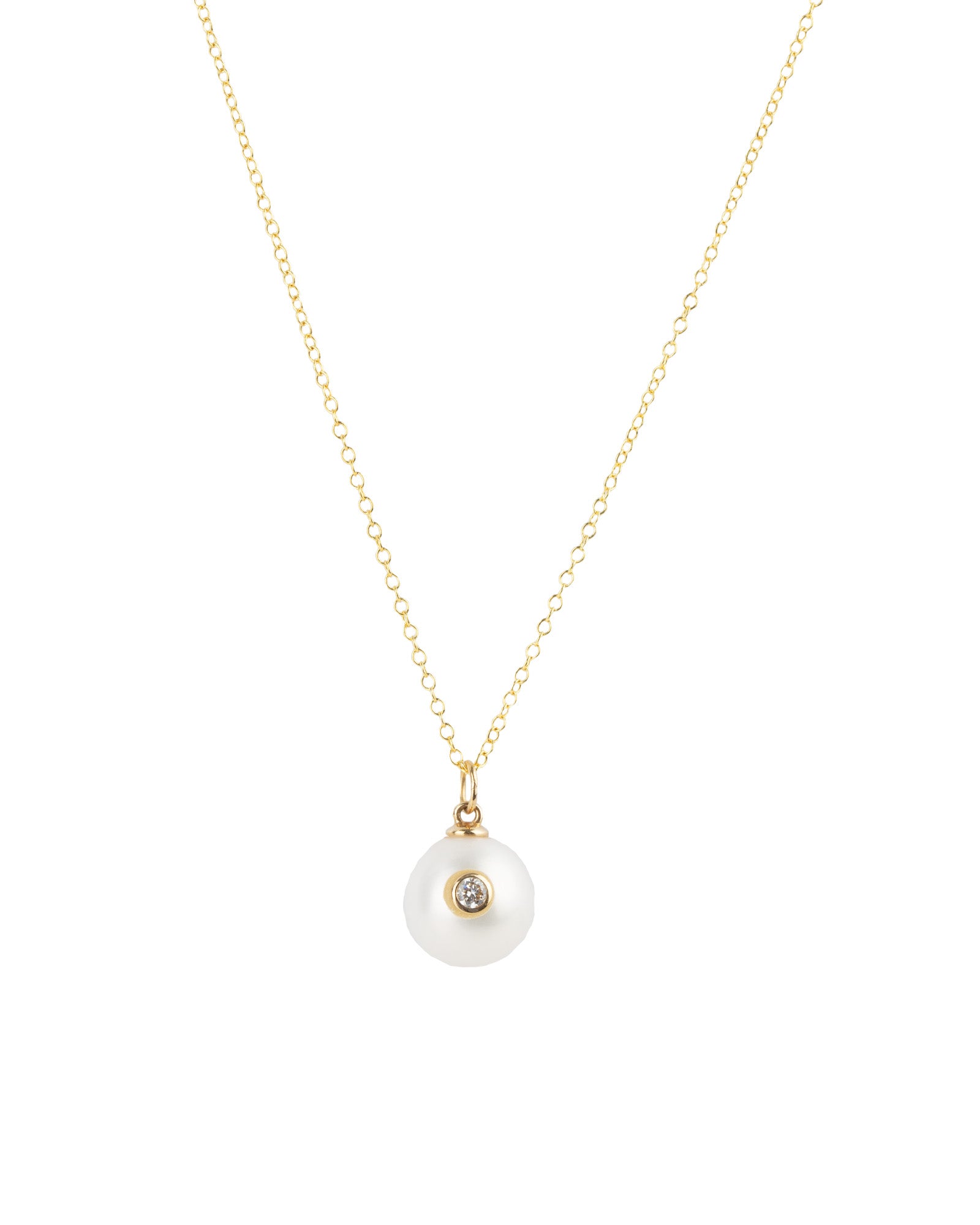 Bezel Diamond Pearl Necklace 14k Yellow Gold, Diamond, White Pearl