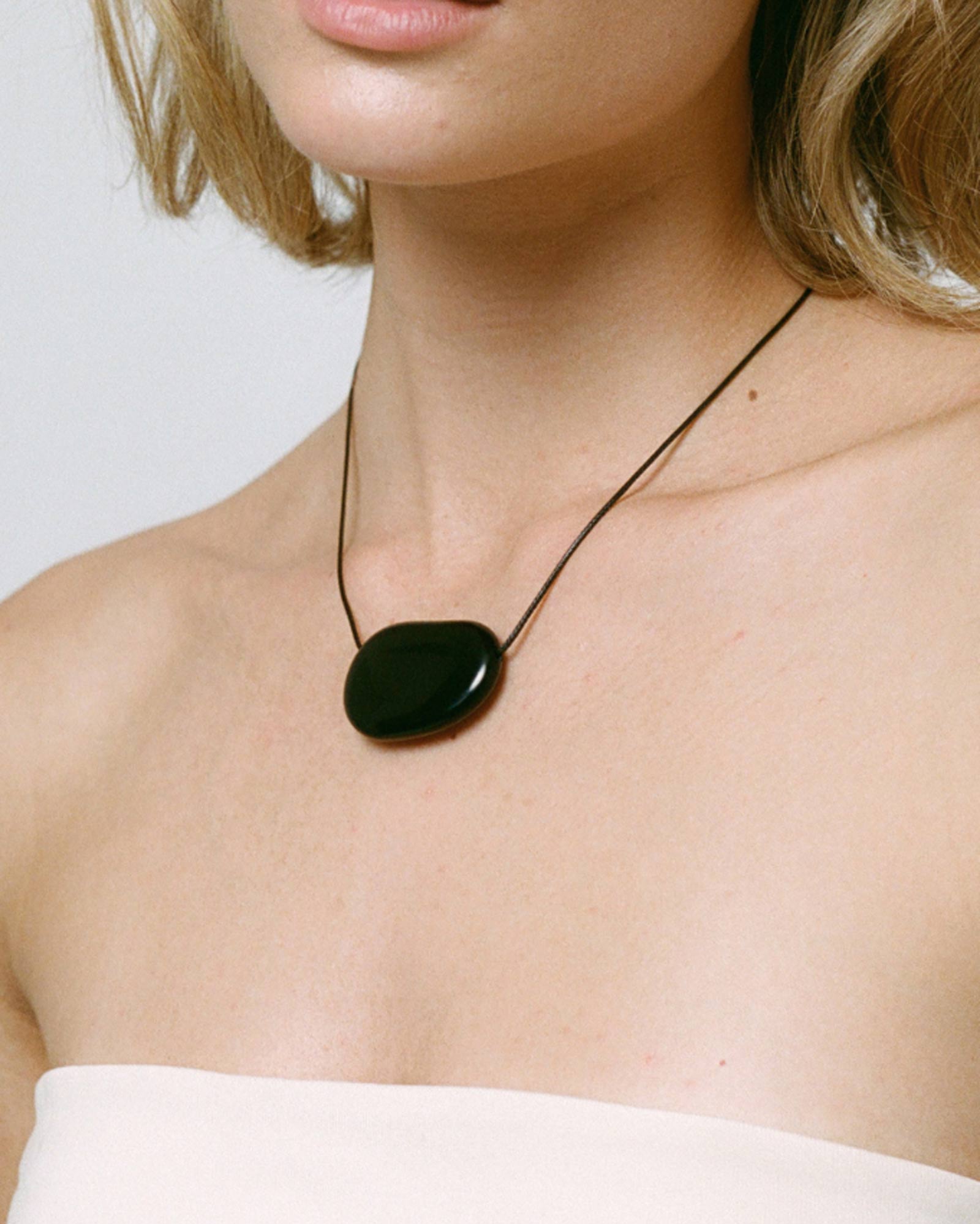 Julia Necklace Black Glass Bead, Black Waxed Cord