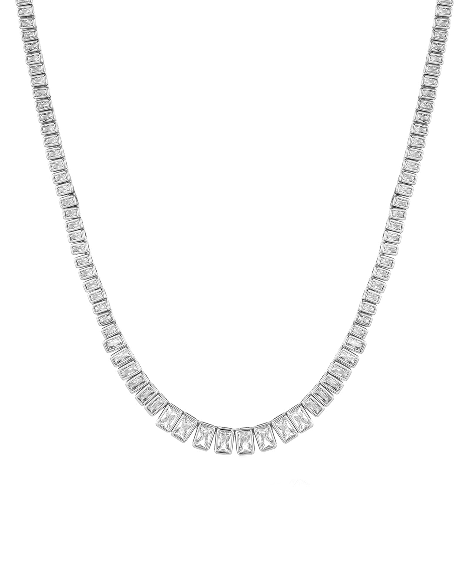 The Emerald Bezel Tennis Necklace Sterling Silver Plated, Cubic Zirconia