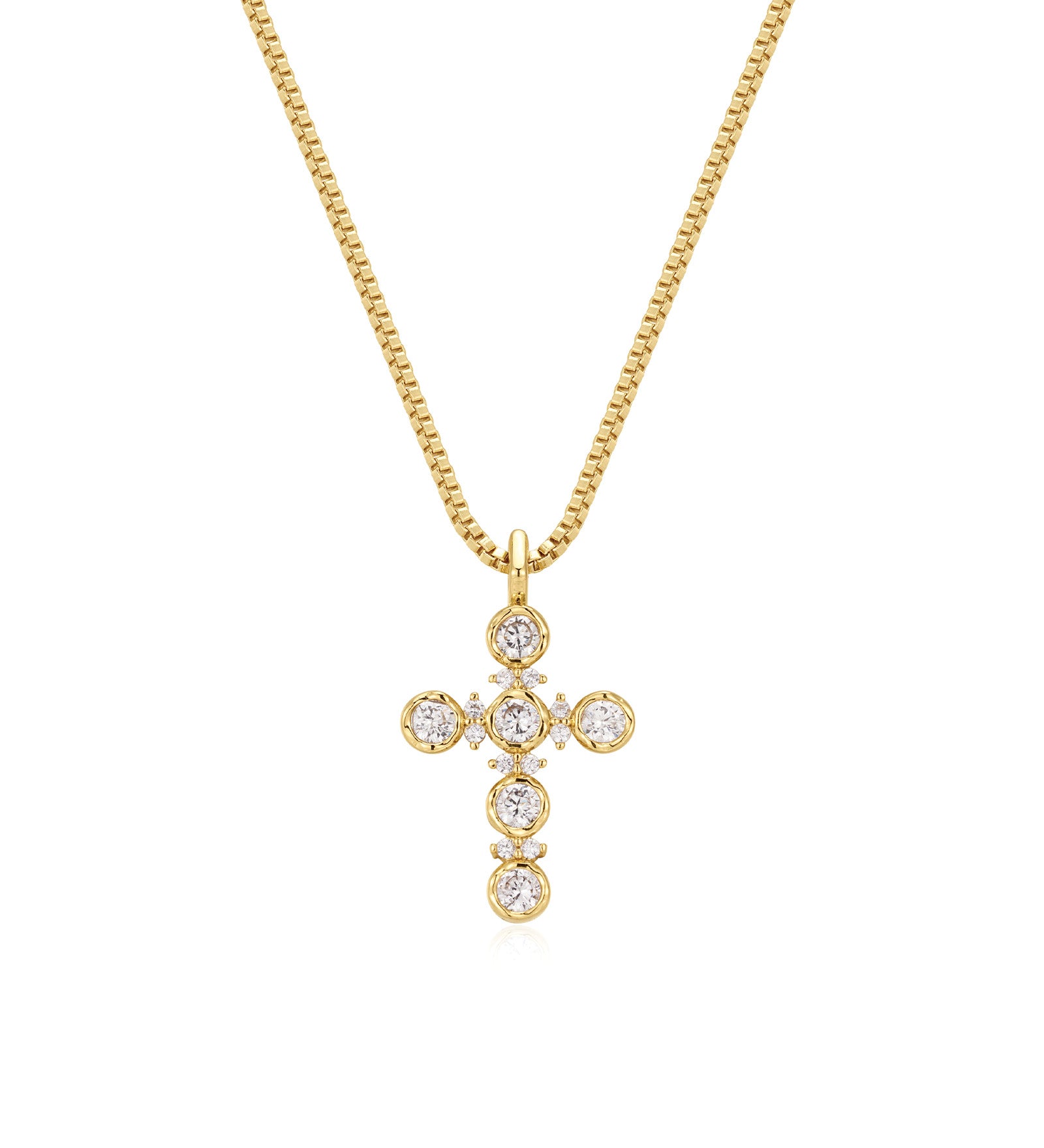 Rosette Cross Charm Necklace 14k Gold Plated, Cubic Zirconia