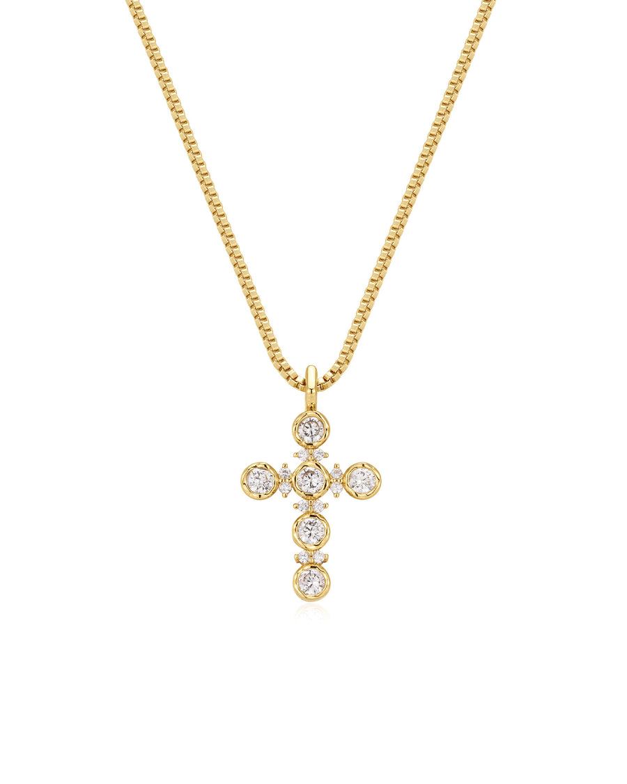 Rosette Cross Charm Necklace 14k Gold Plated, Cubic Zirconia