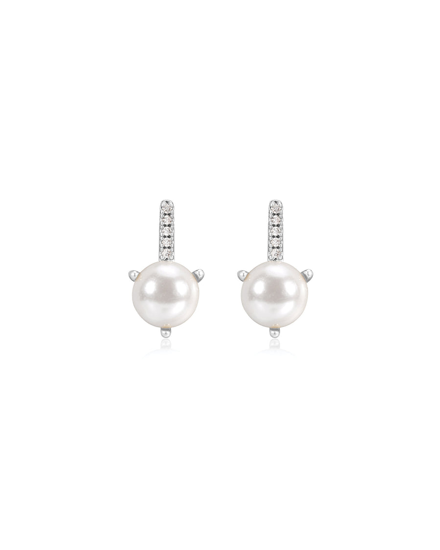 Pavé Post Pearl Studs Silver Plated, White Pearl