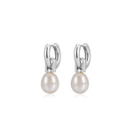 Luv AJ-White Pearl Amalfi Huggies-Earrings-Silver Plated, White Pearl-Blue Ruby Jewellery-Vancouver Canada