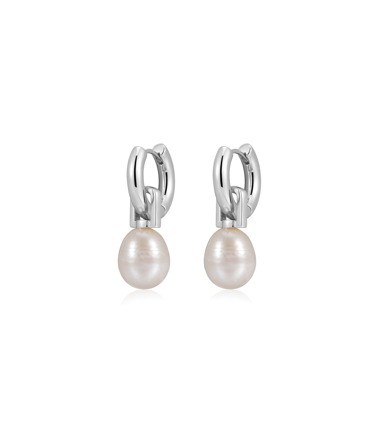 Luv AJ-White Pearl Amalfi Huggies-Earrings-Silver Plated, White Pearl-Blue Ruby Jewellery-Vancouver Canada