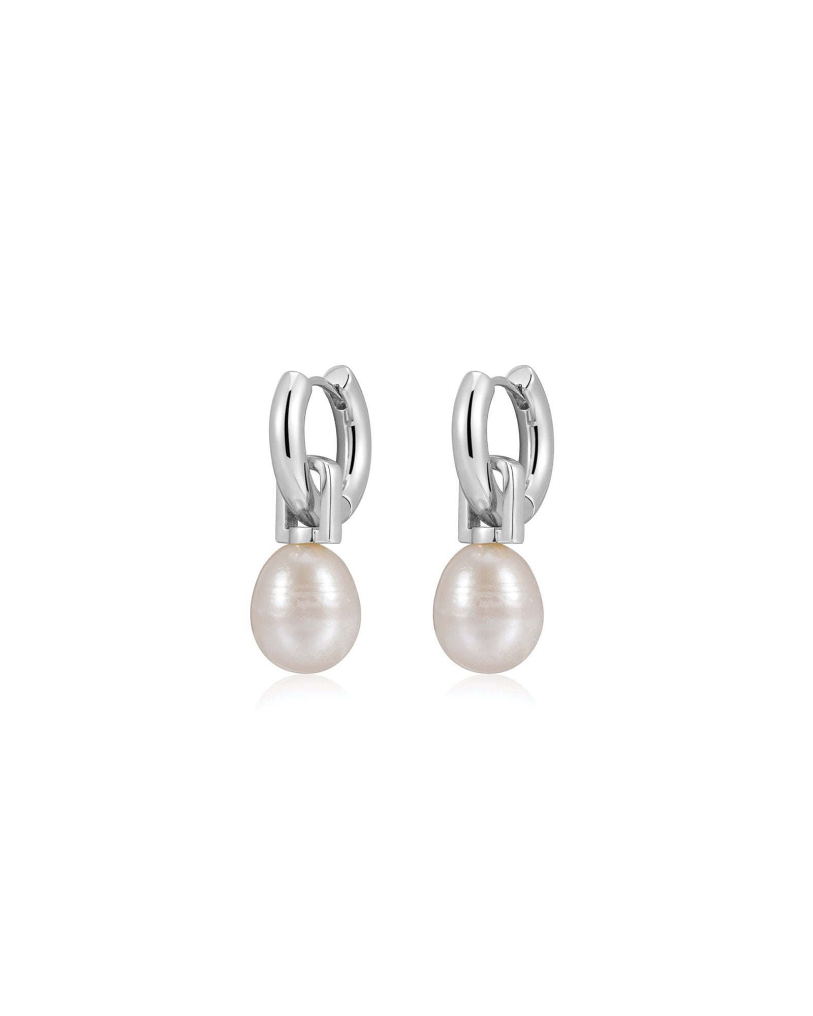 Luv AJ-White Pearl Amalfi Huggies-Earrings-Silver Plated, White Pearl-Blue Ruby Jewellery-Vancouver Canada