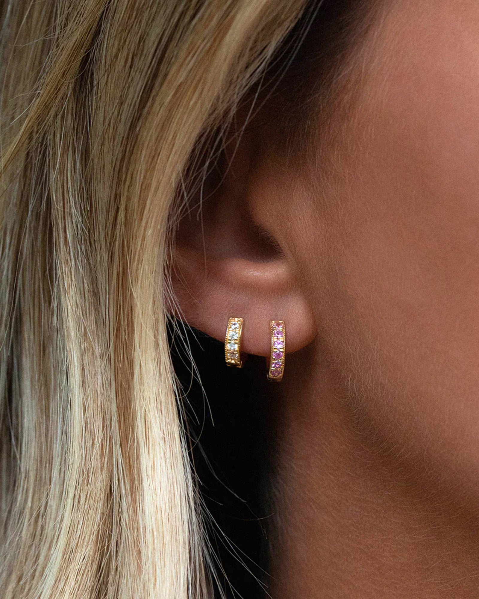 Pavé Huggies | 10mm 14k Gold Vermeil, Pink Sapphire