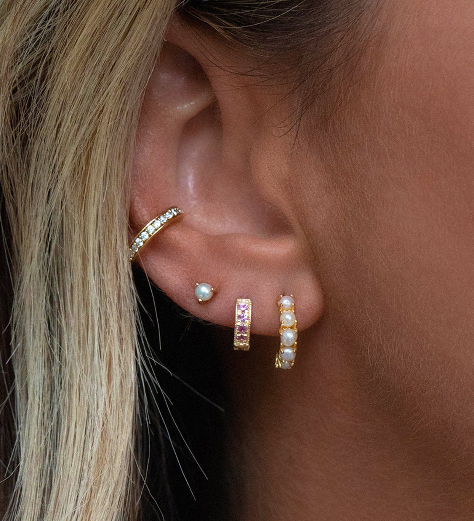 Pavé Huggies | 8mm 14k Gold Vermeil, Pink Sapphire