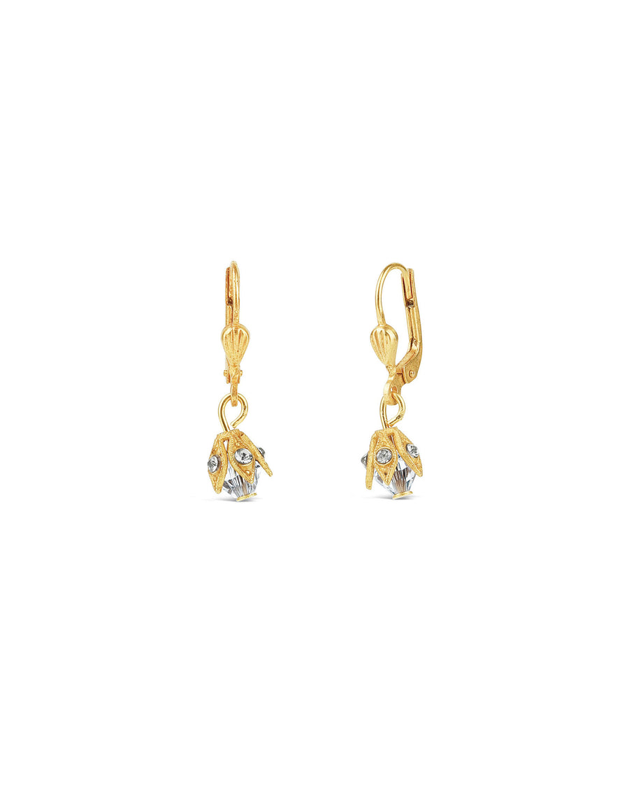 La Vie Parisienne-Leaf Cap Drop Hooks-Earrings-14k Gold Plated, White Crystal-Blue Ruby Jewellery-Vancouver Canada