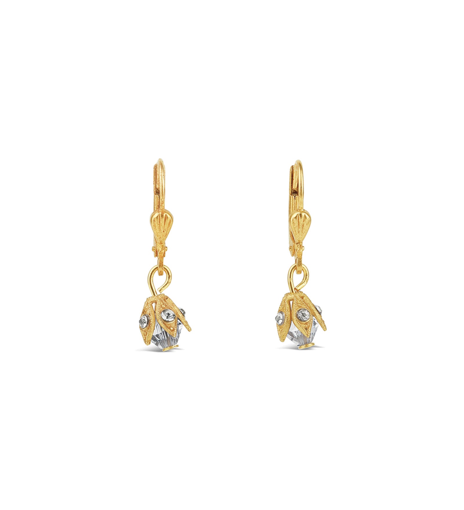 La Vie Parisienne-Leaf Cap Drop Hooks-Earrings-14k Gold Plated, White Crystal-Blue Ruby Jewellery-Vancouver Canada