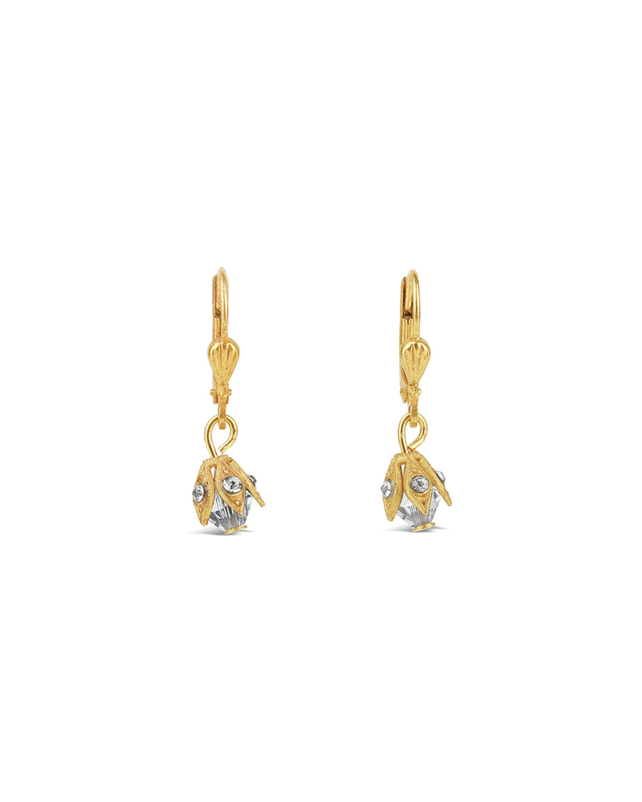 La Vie Parisienne-Leaf Cap Drop Hooks-Earrings-14k Gold Plated, White Crystal-Blue Ruby Jewellery-Vancouver Canada