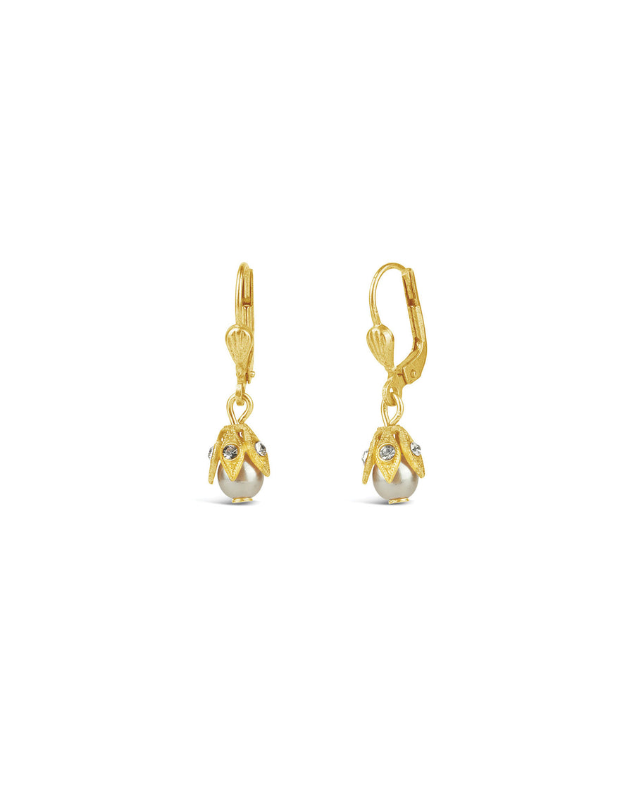 La Vie Parisienne-Leaf Cap Drop Hooks-Earrings-14k Gold Plated, White Pearl-Blue Ruby Jewellery-Vancouver Canada