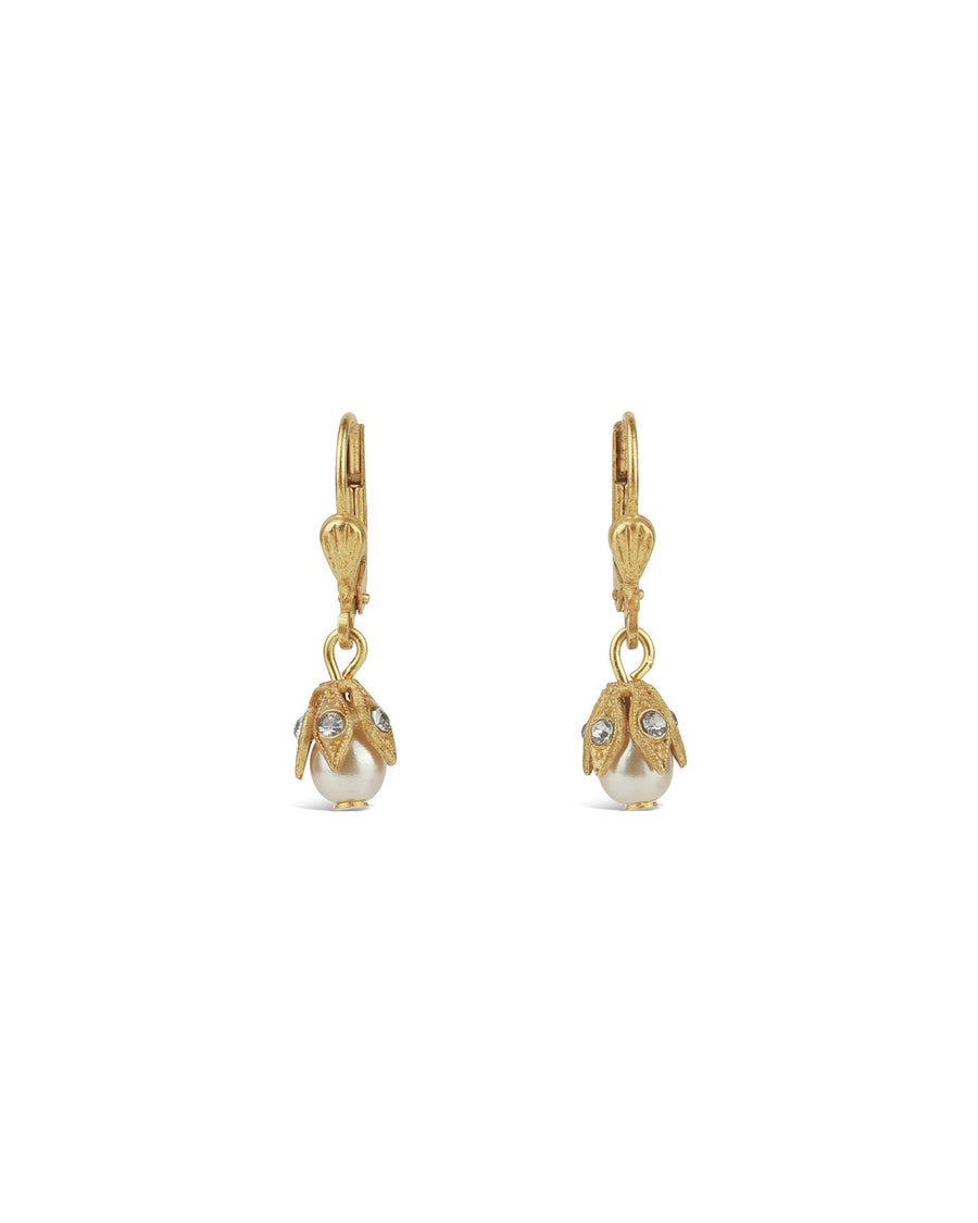 La Vie Parisienne-Leaf Cap Drop Hooks-Earrings-14k Gold Plated, White Pearl-Blue Ruby Jewellery-Vancouver Canada