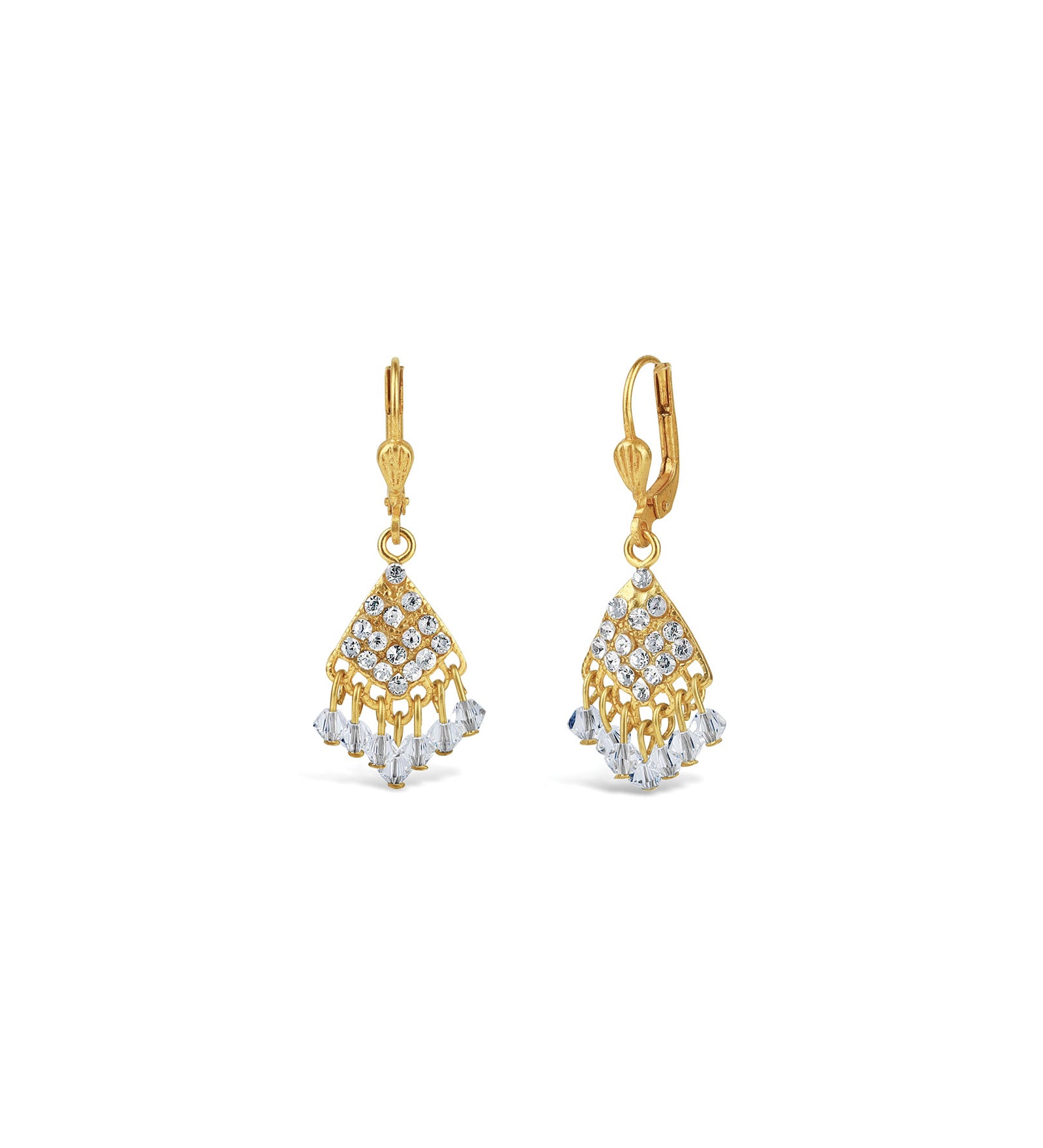 La Vie Parisienne-Fan Crystal Drop Hooks-Earrings-14k Gold Plated, White Crystal-Blue Ruby Jewellery-Vancouver Canada