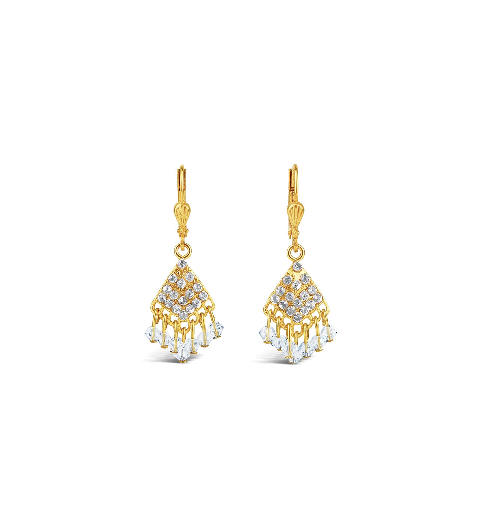 La Vie Parisienne-Fan Crystal Drop Hooks-Earrings-14k Gold Plated, White Crystal-Blue Ruby Jewellery-Vancouver Canada