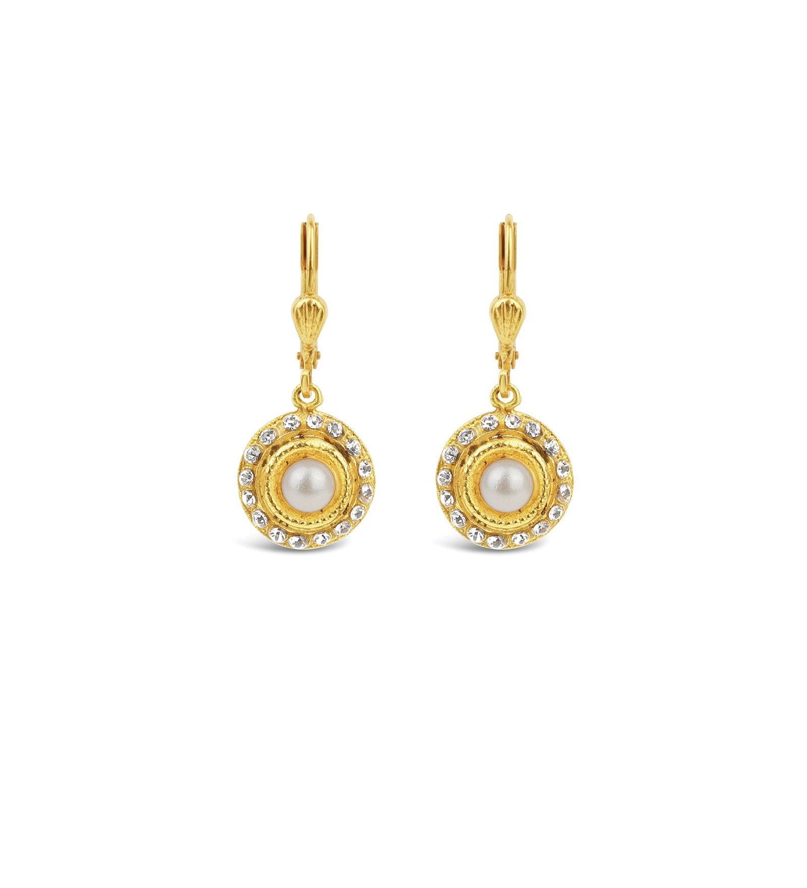 La Vie Parisienne-Round Halo Crystal Hooks | 12mm-Earrings-14k Gold Plated, White Pearl-Blue Ruby Jewellery-Vancouver Canada