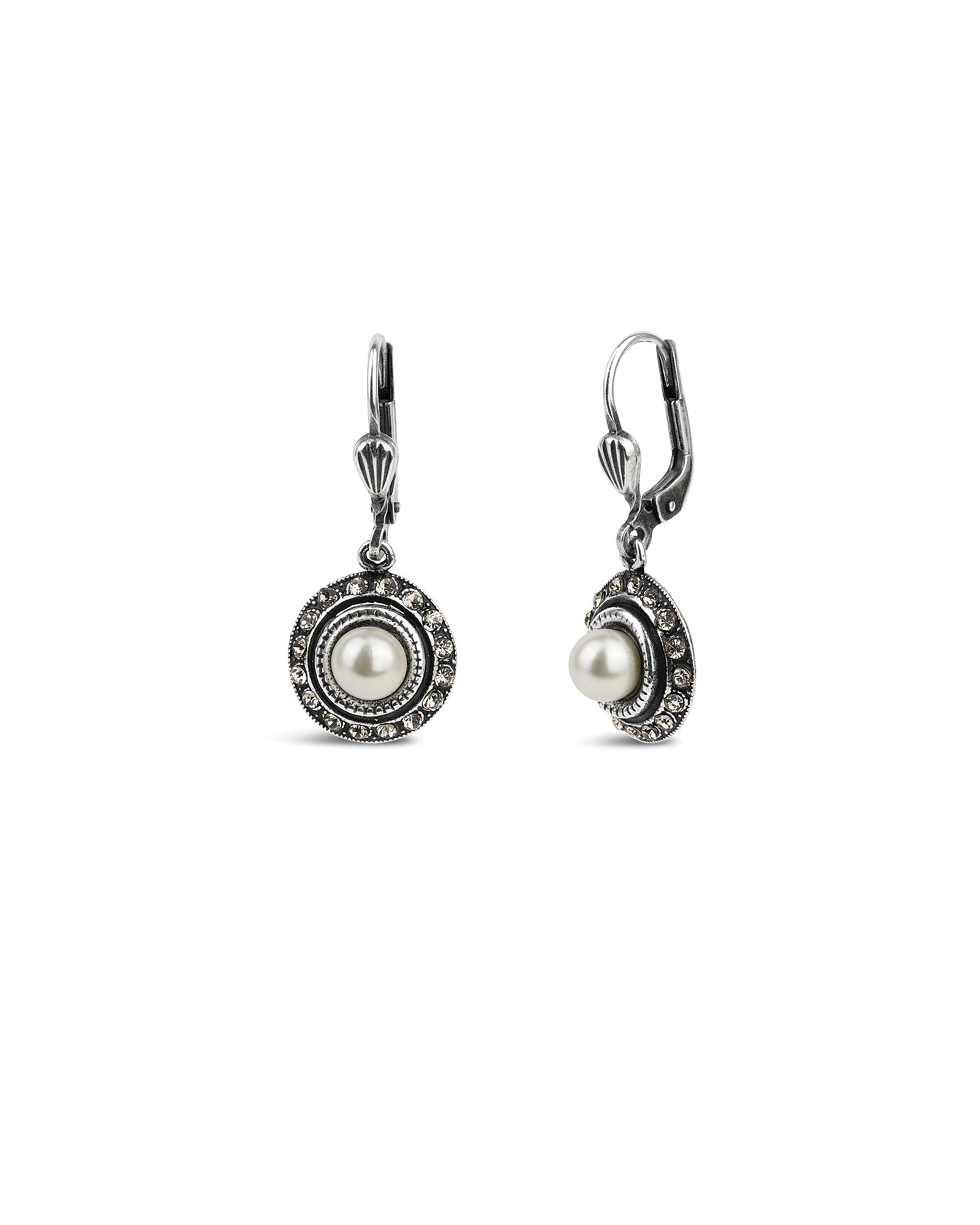 La Vie Parisienne-Round Halo Crystal Hooks | 12mm-Earrings-Silver Plated, White Pearl, Black Diamond Crystal-Blue Ruby Jewellery-Vancouver Canada