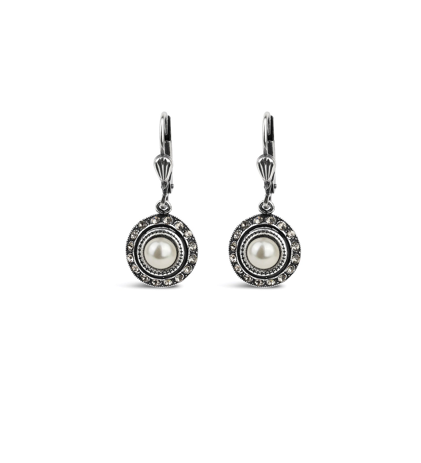 La Vie Parisienne-Round Halo Crystal Hooks | 12mm-Earrings-Silver Plated, White Pearl, Black Diamond Crystal-Blue Ruby Jewellery-Vancouver Canada