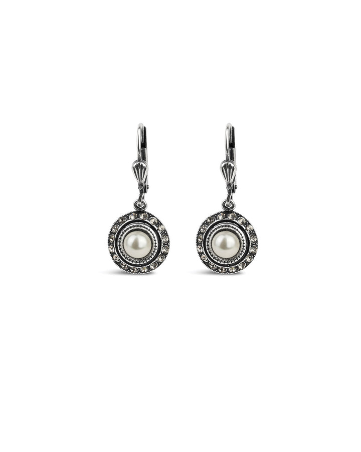 La Vie Parisienne-Round Halo Crystal Hooks | 12mm-Earrings-Silver Plated, White Pearl, Black Diamond Crystal-Blue Ruby Jewellery-Vancouver Canada