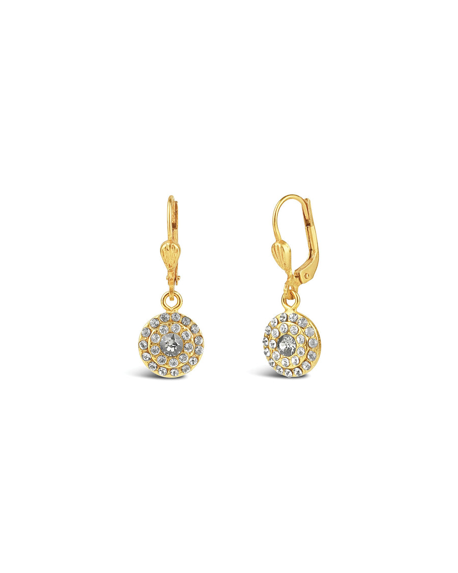 La Vie Parisienne-Round Disc Crystal Hooks-Earrings-14k Gold Plated, White Crystal-Blue Ruby Jewellery-Vancouver Canada