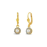 La Vie Parisienne-Round Halo Pavé Hooks | 7mm-Earrings-14k Gold Plated, White Pearl-Blue Ruby Jewellery-Vancouver Canada