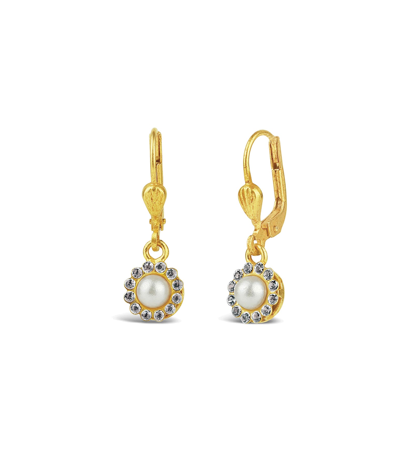 La Vie Parisienne-Round Halo Pavé Hooks | 7mm-Earrings-14k Gold Plated, White Pearl-Blue Ruby Jewellery-Vancouver Canada