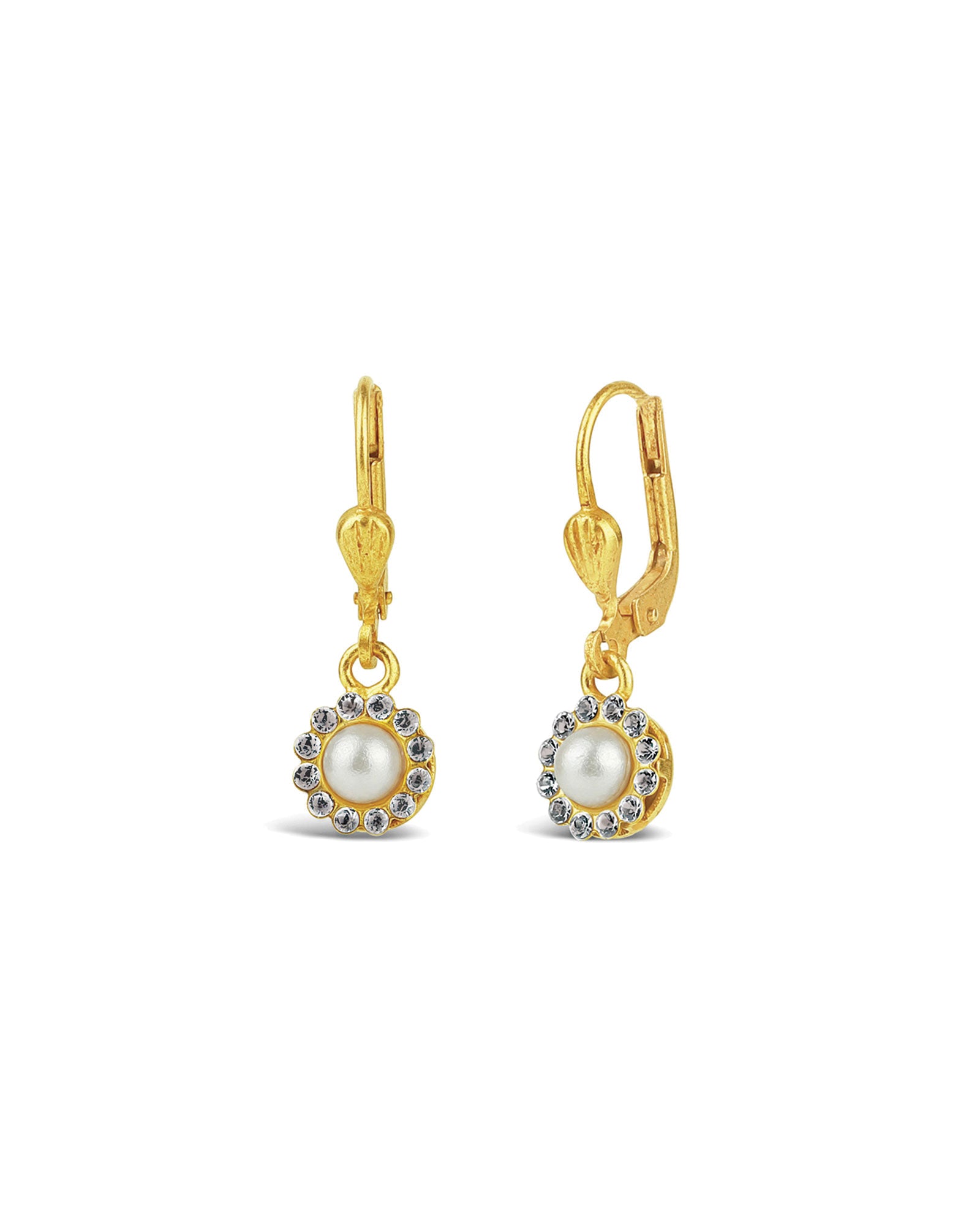 La Vie Parisienne-Round Halo Pavé Hooks | 7mm-Earrings-14k Gold Plated, White Pearl-Blue Ruby Jewellery-Vancouver Canada