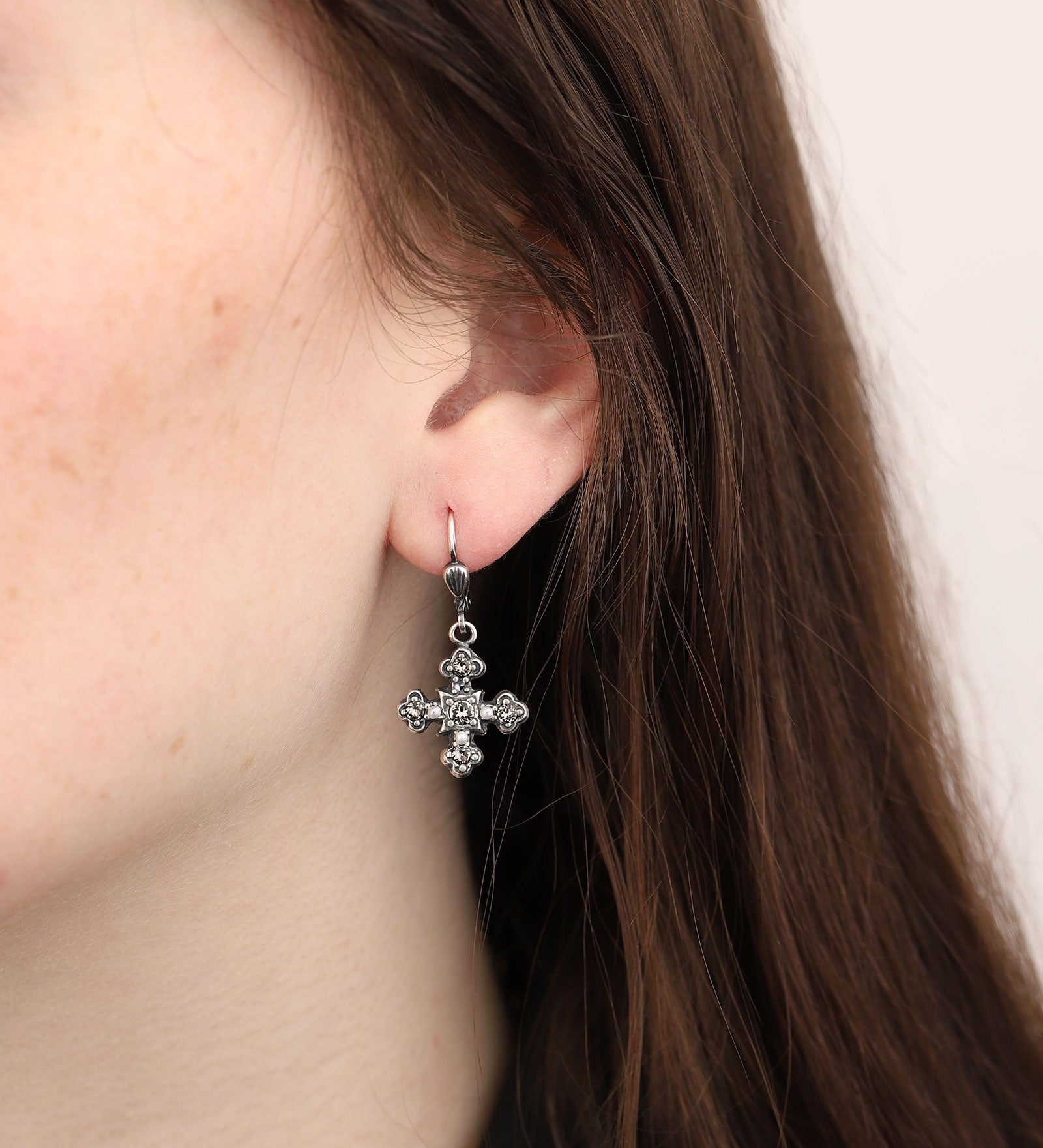 La Vie Parisienne-Crystal Cross Hooks-Earrings-Silver Plated-Blue Ruby Jewellery-Vancouver Canada