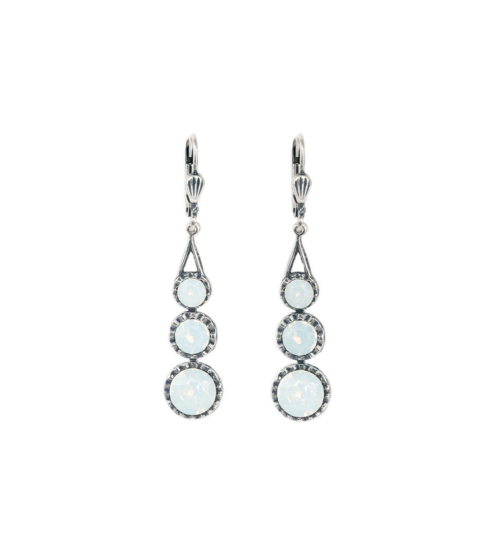 La Vie Parisienne-Three Round Crystal Hooks-Earrings-Silver Plated, White Opal Crystal-Blue Ruby Jewellery-Vancouver Canada